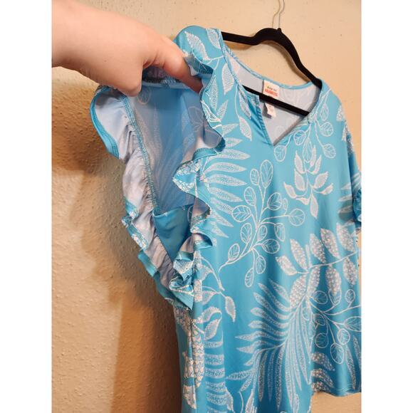 Ruby Rd. Favorites Women's Blue White Leaf Ruffle V-Neck Short Sleeve Blouse 1X - Picture 2 of 6